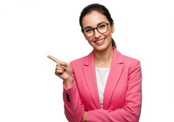 Smiling businesswoman in pink blazer pointing to the side isolated on white background