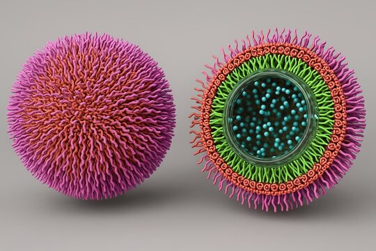 A vibrant and highly detailed 3D scientific illustration of a drug delivery nanoparticle with a multilayered polymer structure. 