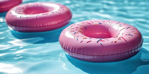 Colorful inflatable donut pool floats drifting in clear turquoise water on a sunny day