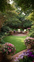 Beautiful Garden With Seating Area Surrounded by Colorful Flowers in Bright Daylight.