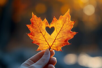 Autumn heart shaped maple leaf in hand