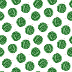 Watermelon berry seamless pattern, whole round sweet delicious fruit green rind, organic diet dessert, healthy vegan food image for summer design, menu, textile, gift paper, packaging decor