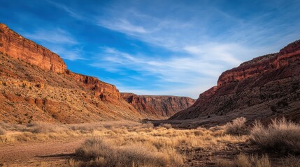 Fototapeta premium A bright blue sky contrasts with the vivid red and orange tones of the canyon, evoking a sense of isolation and serenity