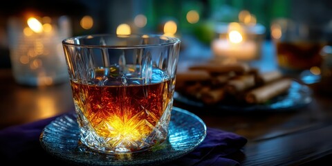 Glass of whiskey sitting on a table with candles and snacks during a cozy evening gathering