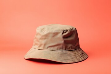 A light beige bucket hat resting on a coral background.