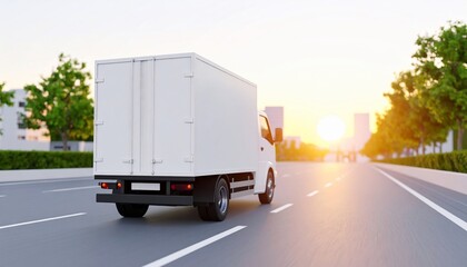 White Delivery Truck on City Road at Sunset