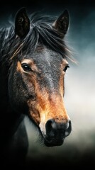 Darkest night reveals majestic horse amidst misty background in tranquil setting