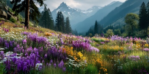 Vibrant wildflower meadow with mountains in the background during a sunny spring afternoon