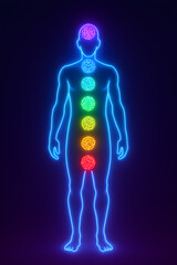 Neon glowing human body with aligned seven chakras in rainbow colors, symbolizing spiritual energy, healing, balance, meditation, yoga, and chakra alignment in body