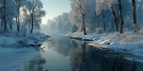 Snow-covered trees lining a serene river in a winter landscape at dawn with soft blue tones