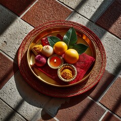 Anand Chaudas thali with sweets and diya on red background – top view festival decor