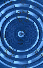  Perfect round rings divided into equal sectors in dark blue light and dark contours of cogs and gears over it  