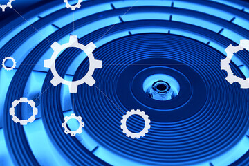 Accuracy concentric circles of varying thickness on a circular illuminated panel with White Silhouettes of Variety Gear Wheels Connected with Dotted Lines