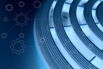 Futuristic Design with Concentric Pattern Illuminated with Blue Light under Mechanical Draw with Contours of Cogwheels and Gears 
