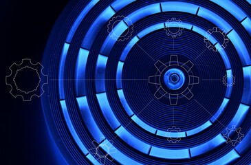Different Transparent Gears with White Outlines on Precision Circles Pattern with Blue Backlit in Background
