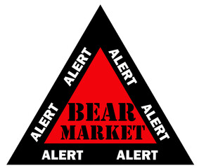 Bold red text "Bear Market" inside a warning triangle, symbolizing falling stock prices, market crash, financial caution, or economic downturn. Ideal for finance visuals.