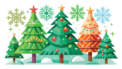 Colorful festive christmas trees and snowflakes with transparent background for design