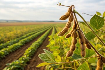 Ripe soybean pods, close up. Agricultural soy plantation on field.