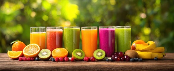 Fototapeta premium The vibrant display of colorful fruit juices in glassware on wooden table