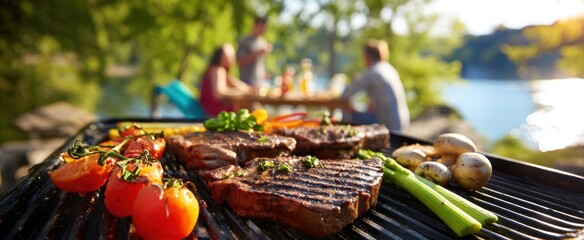 The outdoor barbecue featuring delicious steaks and fresh vegetables in a sunny setting.