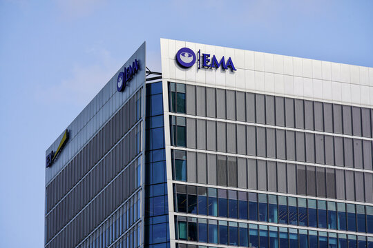 EMA (European Medicines Agency Of European Union) Modern Tower Building Facade Logo Sign, Corporate Skyscraper Exterior, Canary Wharf, Global Financial District, London, England, UK, June 2025
