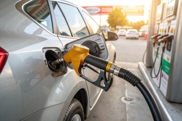 Refueling a car at a gas station. Fill up with gas. Gasoline pump that fills the fuel nozzle in the fuel tank of the car