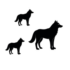 Set of wolf silhouettes in standing and walking poses, representing wildlife, forest animals, wilderness themes, hunting scenes, or tribal and nature-inspired vector illustrations