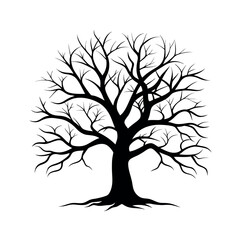 Obraz premium Artistic silhouette of a bare tree without leaves, representing fall or winter season, suitable for minimal nature design, forest theme, horror background, or seasonal illustrations