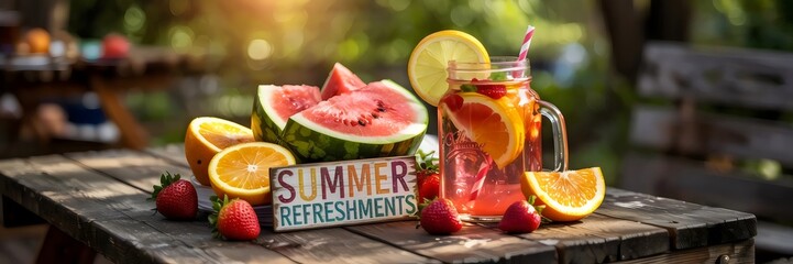 glass of lemonade with watermelon and strawberries on picnic table &ndash; perfect for summer refreshment ads, outdoor dining, or beverage promotions