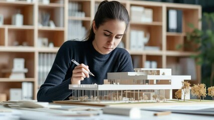 Female architect designing scale model in contemporary office environment - Powered by Adobe