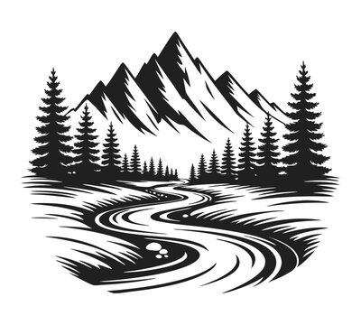 Mountain vector, Mountain landscape with river and pine forest, black and white vector illustration
