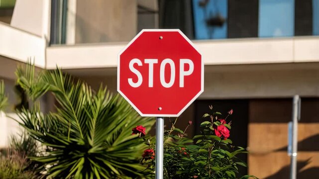 Bright red octagonal stop sign with white letters posted on silver metal pole near shrubbery and modern building exterior.