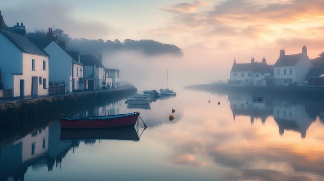 A calm coastal village at dawn, with fishing boats lying still on the mirror-like sea and the village bathed in the warm, gentle light of early morning