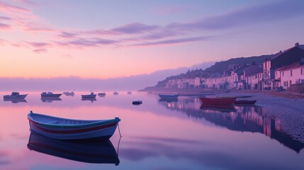 A calm coastal village at dawn, with fishing boats lying still on the mirror-like sea and the village bathed in the warm, gentle light of early morning