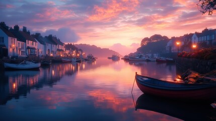 Fototapeta premium A calm coastal village at dawn, with fishing boats lying still on the mirror-like sea and the village bathed in the warm, gentle light of early morning