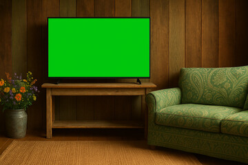 Modern living room scene with smart TV on black stand, green screen for mockup, gray sofa, marble coffee table, and floor lamp
