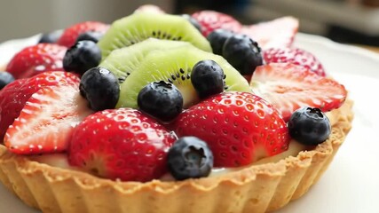 Fresh fruit tart featuring kiwi strawberries and blueberries a delicious summer dessert - Powered by Adobe