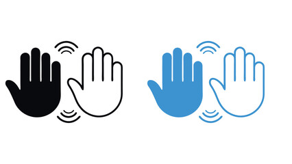 Obraz premium Hand gesture icon set – stop and wave signals in black and blue. Vector concept for user interface, communication, and safety.