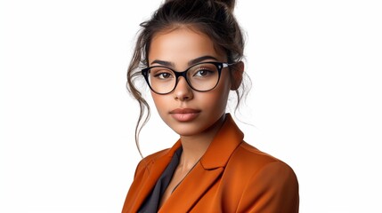 perfectly composed portrait of a businesswoman wearing glasses and a sleek orange suit 