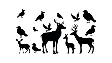 Forest wildlife silhouette vector set with deer, birds, fox, and more. Nature and wilderness themed illustration.