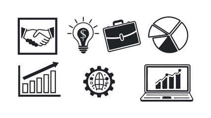 Business and technology icon set in black. Vector symbols for finance, work, digital marketing, and online analytics.