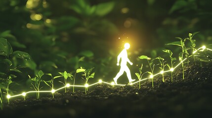 Walking towards a brighter future: A symbolic journey of growth among small plants in nature.