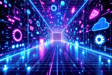 Futuristic digital tunnel with glowing neon lights and symbols