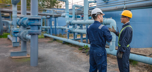 Petrochemical engineer working at petroleum oil refinery industry area. Industrial technician worker maintenance inspect manufacturing energy power gas system at factory.