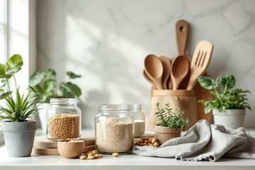 Kitchen countertop with jars of grains and herbs surrounded by plants and utensils