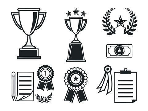 Clean and minimal flat vector icon set featuring trophies, medals, certificates, and award ribbons, ideal for academic and sports recognition design projects.
