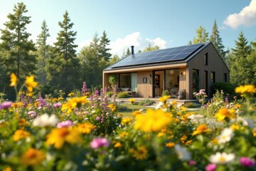 Modern wooden house with solar panels surrounded by colorful flowers