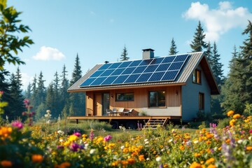 Modern house with solar panels surrounded by a colorful flower garden