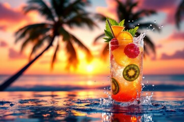 Refreshing fruit cocktail in tropical setting with sunset background