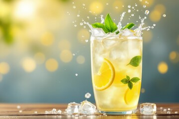 Refreshing lemonade with mint and ice in a glass
